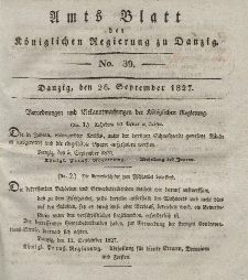 Amts-Blatt der Königlichen Regierung zu Danzig, 26. September 1827, Nr. 39