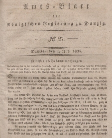 Amts-Blatt der Königlichen Regierung zu Danzig, 4. Juli 1838, Nr. 27