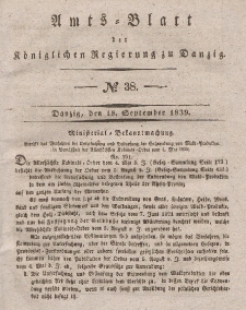 Amts-Blatt der Königlichen Regierung zu Danzig, 18. September 1839, Nr. 38