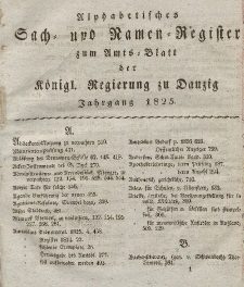 Amts-Blatt der Königlichen Regierung zu Danzig für 1825 (Alphabetisches Sach- und Namen- Register)