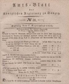 Amts-Blatt der Königlichen Regierung zu Danzig, 17. September 1834, Nr. 38
