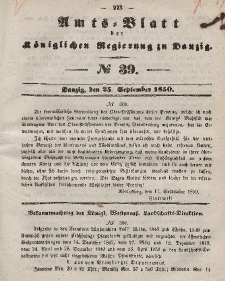 Amts-Blatt der Königlichen Regierung zu Danzig, 25. September 1850, Nr. 39