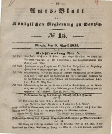 Amts-Blatt der Königlichen Regierung zu Danzig, 9. April 1851, Nr. 15