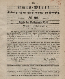 Amts-Blatt der Königlichen Regierung zu Danzig, 17. September 1851, Nr. 38