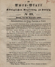 Amts-Blatt der Königlichen Regierung zu Danzig, 24. September 1851, Nr. 39