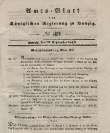Amts-Blatt der Königlichen Regierung zu Danzig, 27. September 1848, Nr. 39