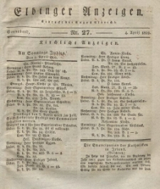 Elbinger Anzeigen, Nr. 27. Sonnabend, 4. April 1829