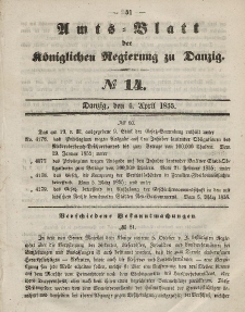 Amts-Blatt der Königlichen Regierung zu Danzig, 4. April 1855, Nr. 14