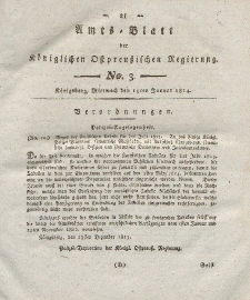 Amts-Blatt der Königlichen Preußischen Regierung zu Königsberg, Mittwoch, 19. Januar 1814, Nr. 3