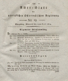 Amts-Blatt der Königlichen Preußischen Regierung zu Königsberg, Mittwoch, 13. April 1814, Nr. 15