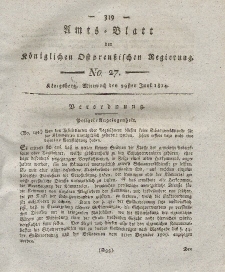 Amts-Blatt der Königlichen Preußischen Regierung zu Königsberg, Mittwoch, 29. Juni 1814, Nr. 27