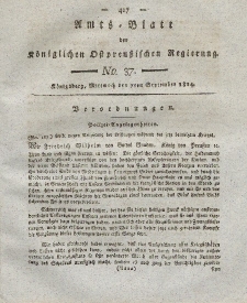 Amts-Blatt der Königlichen Preußischen Regierung zu Königsberg, Mittwoch, 7. September 1814, Nr. 37