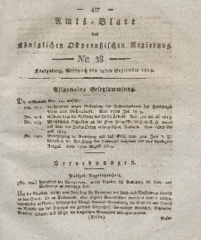 Amts-Blatt der Königlichen Preußischen Regierung zu Königsberg, Mittwoch, 14. September 1814, Nr. 38
