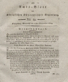 Amts-Blatt der Königlichen Preußischen Regierung zu Königsberg, Mittwoch, 21. September 1814, Nr. 39