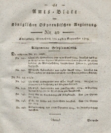 Amts-Blatt der Königlichen Preußischen Regierung zu Königsberg, Mittwoch, 24. September 1814, Nr. 40