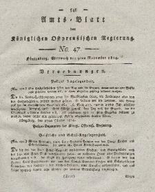 Amts-Blatt der Königlichen Preußischen Regierung zu Königsberg, Mittwoch, 9. November 1814, Nr. 47