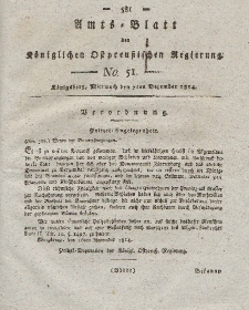 Amts-Blatt der Königlichen Preußischen Regierung zu Königsberg, Mittwoch, 7. Dezember 1814, Nr. 51