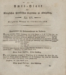 Amts-Blatt der Königlichen Preußischen Regierung zu Königsberg, Mittwoch, 16. September 1818, Nr. 37