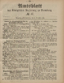 Amtsblatt der Königlichen Preußischen Regierung zu Bromberg, 21. November 1884, Nr. 47