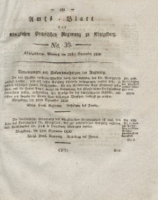 Amts-Blatt der Königlichen Preußischen Regierung zu Königsberg, Mittwoch, 29. September 1830, Nr. 39