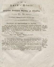 Amts-Blatt der Königlichen Preußischen Regierung zu Königsberg, Mittwoch, 22. Dezember 1830, Nr. 51