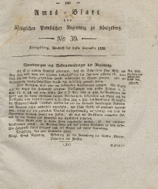 Amts-Blatt der Königlichen Preußischen Regierung zu Königsberg, Mittwoch, 24. September 1828, Nr. 39