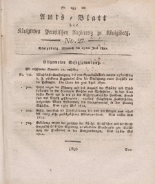 Amts-Blatt der Königlichen Preußischen Regierung zu Königsberg, Mittwoch, 19. Juni 1822, Nr. 27