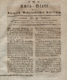 Amts-Blatt der Königlich Westpreußischen Regierung zu Marienwerder, 21. Juli 1815, No. 29.
