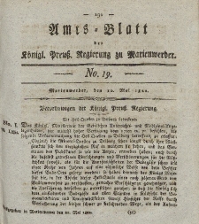 Amts-Blatt der Königl. Preuß. Regierung zu Marienwerder, 10. Mai 1822, No. 19.