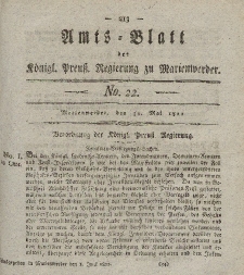 Amts-Blatt der Königl. Preuß. Regierung zu Marienwerder, 31. Mai 1822, No. 22.