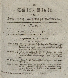 Amts-Blatt der Königl. Preuß. Regierung zu Marienwerder, 19. Juli 1822, No. 29.