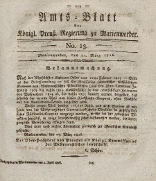 Amts-Blatt der Königl. Preuß. Regierung zu Marienwerder, 31. März 1826, No. 13.
