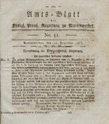 Amts-Blatt der K&ouml;nigl. Preu&szlig;. Regierung zu Marienwerder, 29. Dezember 1826, No. 51.