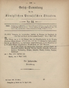 Gesetz-Sammlung für die Königlichen Preussischen Staaten, 24. April, 1882, nr. 14.