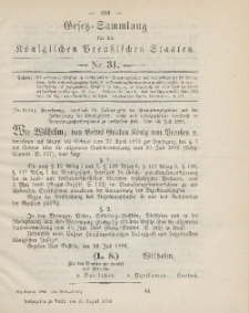 Gesetz-Sammlung für die Königlichen Preussischen Staaten, 25. August 1886, nr. 31.