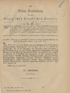 Gesetz-Sammlung für die Königlichen Preussischen Staaten, 15. Juni, 1881, nr. 17.