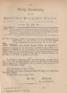 Gesetz-Sammlung für die Königlichen Preussischen Staaten, 1. Mai, 1878, nr. 18.