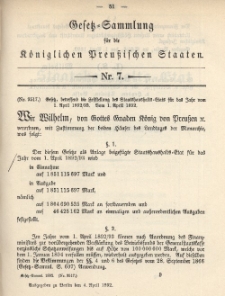 Gesetz-Sammlung für die Königlichen Preussischen Staaten, 4. April 1892, nr. 7.