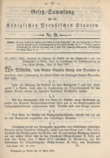 Gesetz-Sammlung für die Königlichen Preussischen Staaten, 16. April 1892, nr. 9.