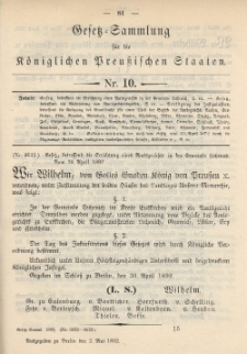Gesetz-Sammlung für die Königlichen Preussischen Staaten, 2. Mai 1892, nr. 10.