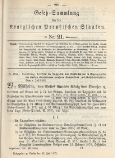 Gesetz-Sammlung für die Königlichen Preussischen Staaten, 22. Juli 1892, nr. 21.
