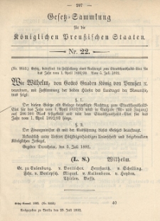 Gesetz-Sammlung für die Königlichen Preussischen Staaten, 25. Juli 1892, nr. 22.