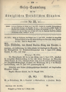 Gesetz-Sammlung für die Königlichen Preussischen Staaten, 5. Oktober 1892, nr. 31.