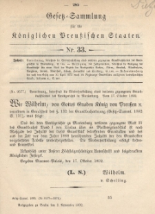Gesetz-Sammlung für die Königlichen Preussischen Staaten, 1. November 1892, nr. 33.