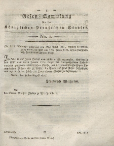 Gesetz-Sammlung für die Königlichen Preussischen Staaten, 9. Januar 1816, nr. 1.