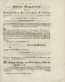Gesetz-Sammlung für die Königlichen Preussischen Staaten, 9. Januar 1821, nr. 1.