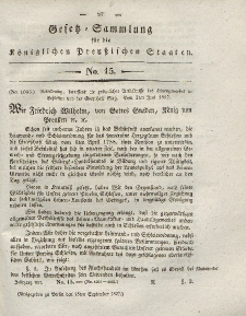 Gesetz-Sammlung für die Königlichen Preussischen Staaten, 15. September 1827, nr. 15.
