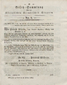 Gesetz-Sammlung für die Königlichen Preussischen Staaten, 26. Februar 1838, nr. 5.