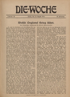 Die Woche : Moderne illustrierte Zeitschrift, 16. Jahrgang, 22. August 1914, Nr 34