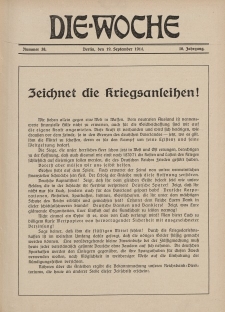 Die Woche : Moderne illustrierte Zeitschrift, 16. Jahrgang, 19. September 1914, Nr 38